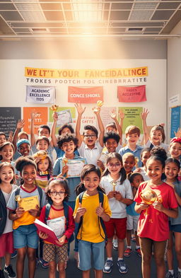 A vibrant and motivational scene depicting a diverse group of students celebrating their achievements