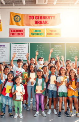 A vibrant and motivational scene depicting a diverse group of students celebrating their achievements