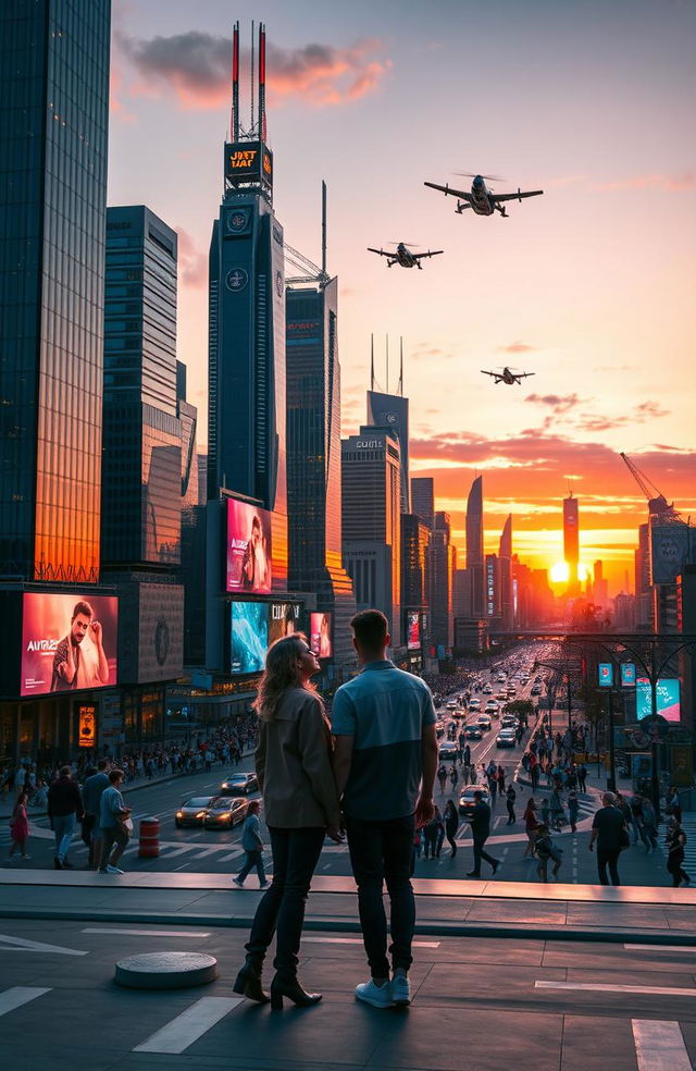 A futuristic city skyline at sunset, featuring towering skyscrapers with luminous neon lights and advanced technology, bustling streets filled with diverse people, flying cars zooming above, and vibrant billboards displaying holographic advertisements