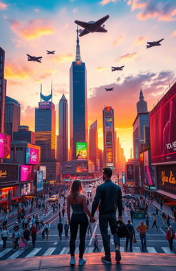 A futuristic city skyline at sunset, featuring towering skyscrapers with luminous neon lights and advanced technology, bustling streets filled with diverse people, flying cars zooming above, and vibrant billboards displaying holographic advertisements