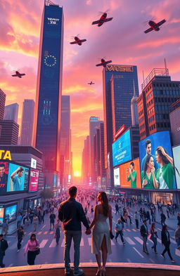 A futuristic city skyline at sunset, featuring towering skyscrapers with luminous neon lights and advanced technology, bustling streets filled with diverse people, flying cars zooming above, and vibrant billboards displaying holographic advertisements