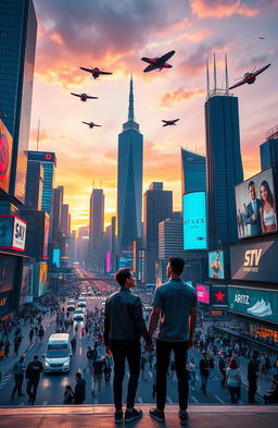 A futuristic city skyline at sunset, featuring towering skyscrapers with luminous neon lights and advanced technology, bustling streets filled with diverse people, flying cars zooming above, and vibrant billboards displaying holographic advertisements