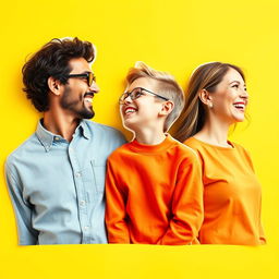 A vibrant and joyful profile view photograph of a modern family displayed on flat panels like life-sized cut-out photographs