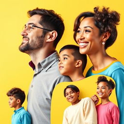 A vibrant and joyful profile view photograph of a modern family displayed on flat panels like life-sized cut-out photographs