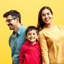 A vibrant and joyful profile view photograph of a modern family displayed on flat panels like life-sized cut-out photographs