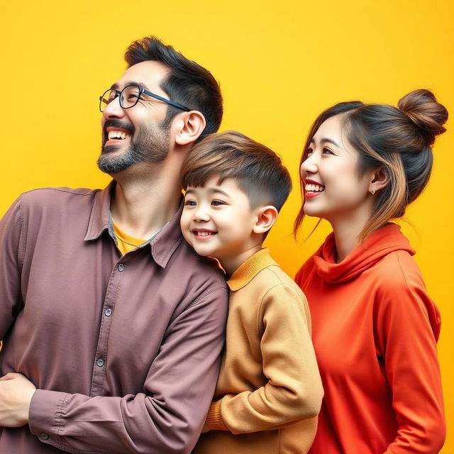 A vibrant and joyful profile view photograph of a modern family displayed on flat panels like life-sized cut-out photographs