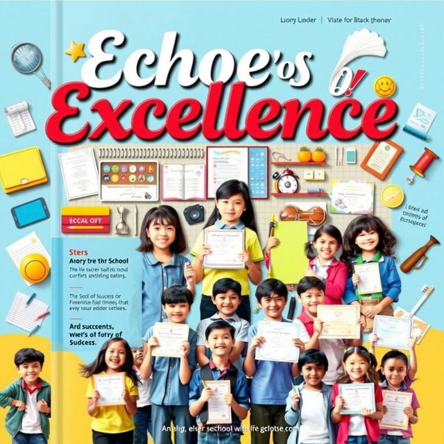 A captivating school magazine cover page titled "Echoes of Excellence" featuring a collage of student achievements