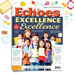 A captivating school magazine cover page titled "Echoes of Excellence" featuring a collage of student achievements