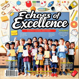 A captivating school magazine cover page titled "Echoes of Excellence" featuring a collage of student achievements