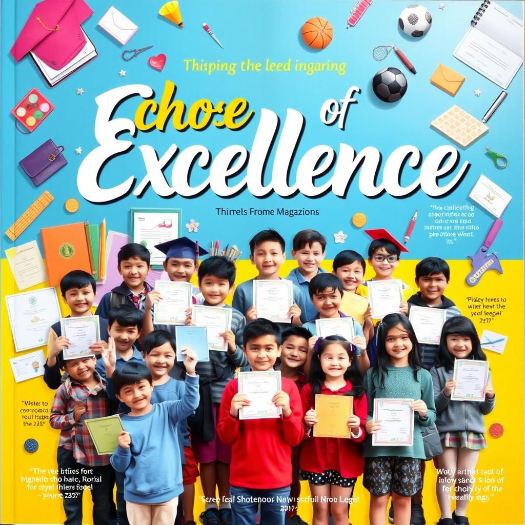 A captivating school magazine cover page titled "Echoes of Excellence" featuring a collage of student achievements