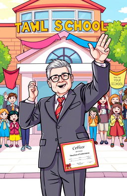 An illustration depicting a proud school principal standing in front of a vibrant school building, celebrating their achievements