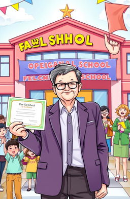 An illustration depicting a proud school principal standing in front of a vibrant school building, celebrating their achievements