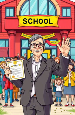 An illustration depicting a proud school principal standing in front of a vibrant school building, celebrating their achievements