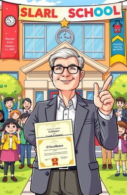 An illustration depicting a proud school principal standing in front of a vibrant school building, celebrating their achievements