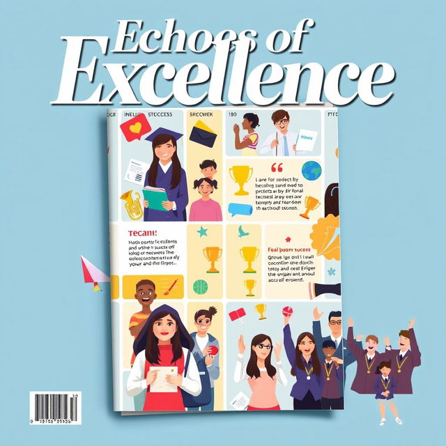 An enticing school magazine cover page titled "Echoes of Excellence" that visually celebrates student success in academics and extracurricular activities