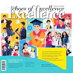 An enticing school magazine cover page titled "Echoes of Excellence" that visually celebrates student success in academics and extracurricular activities
