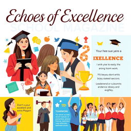 An enticing school magazine cover page titled "Echoes of Excellence" that visually celebrates student success in academics and extracurricular activities