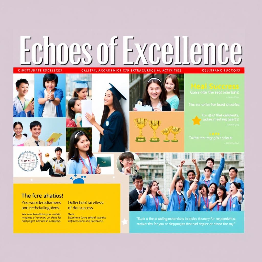 An enticing school magazine cover page titled "Echoes of Excellence" that visually celebrates student success in academics and extracurricular activities