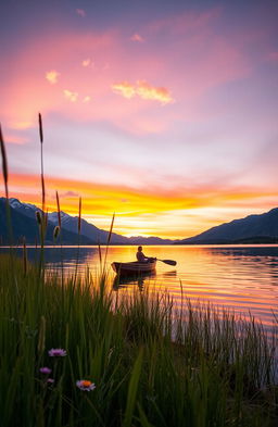 A serene lakeside scene at sunset, featuring a calm lake reflecting the vibrant colors of the sky