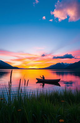 A serene lakeside scene at sunset, featuring a calm lake reflecting the vibrant colors of the sky
