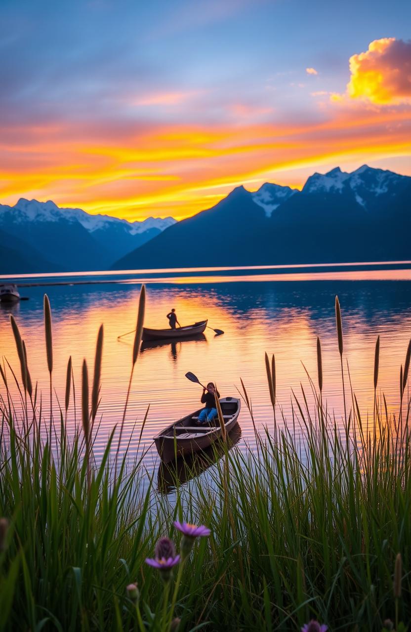 A serene lakeside scene at sunset, featuring a calm lake reflecting the vibrant colors of the sky