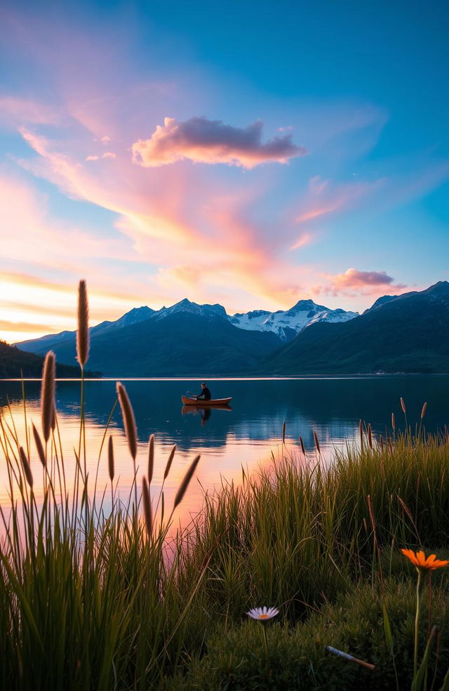 A serene lakeside scene at sunset, featuring a calm lake reflecting the vibrant colors of the sky