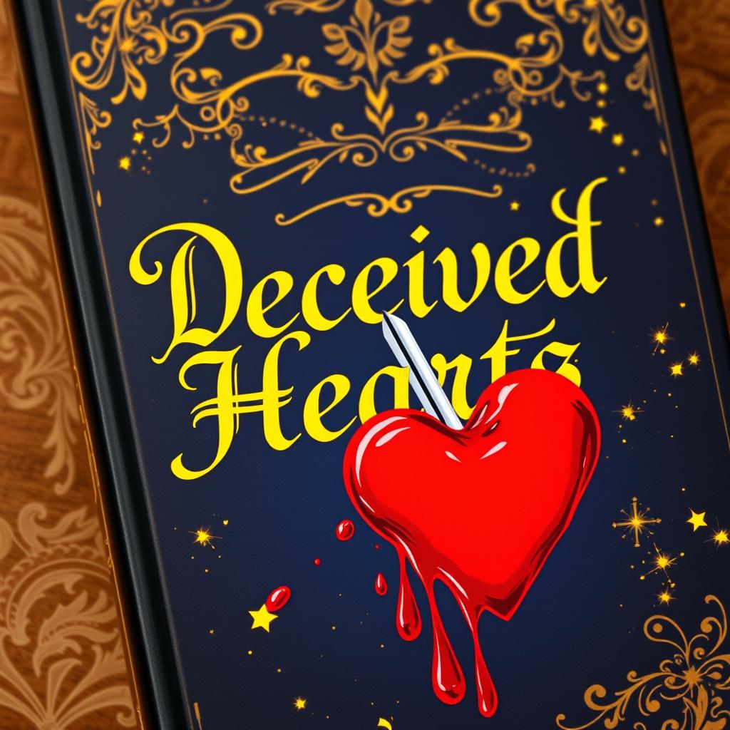 A book cover titled 'Deceived Hearts' prominently featuring the title written in elegant gold calligraphy