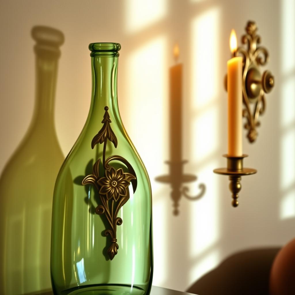 A beautifully crafted demijohn sitting next to an ornate brass candle holder mounted on a wall
