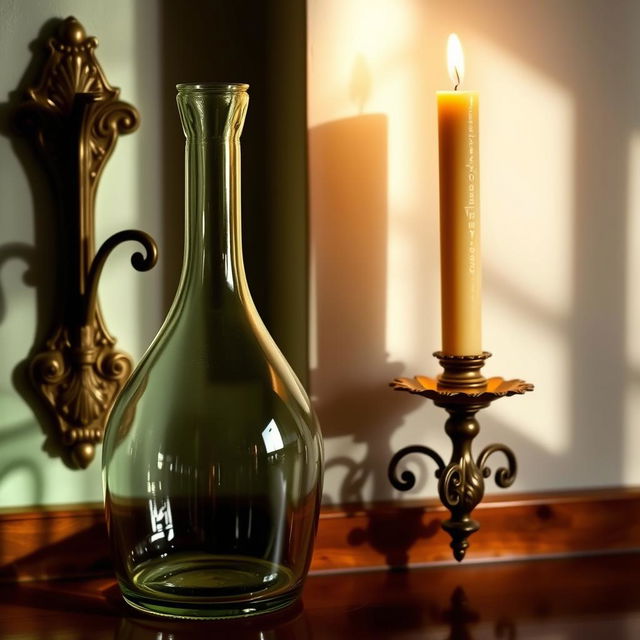 A beautifully crafted demijohn sitting next to an ornate brass candle holder mounted on a wall