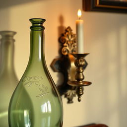 A beautifully crafted demijohn sitting next to an ornate brass candle holder mounted on a wall