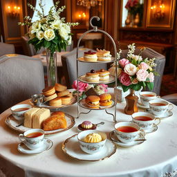 A luxurious high tea setup featuring an array of beautifully presented food items including delicate finger sandwiches, scones with clotted cream and jam, an assortment of colorful pastries and desserts, and elegant tea cups filled with steaming herbal tea