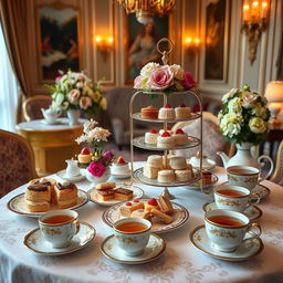 A luxurious high tea setup featuring an array of beautifully presented food items including delicate finger sandwiches, scones with clotted cream and jam, an assortment of colorful pastries and desserts, and elegant tea cups filled with steaming herbal tea