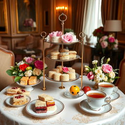 A luxurious high tea setup featuring an array of beautifully presented food items including delicate finger sandwiches, scones with clotted cream and jam, an assortment of colorful pastries and desserts, and elegant tea cups filled with steaming herbal tea