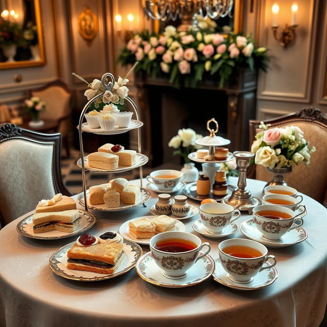 A luxurious high tea setup featuring an array of beautifully presented food items including delicate finger sandwiches, scones with clotted cream and jam, an assortment of colorful pastries and desserts, and elegant tea cups filled with steaming herbal tea