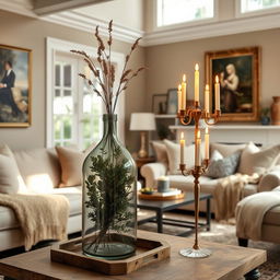 A beautifully styled living room featuring a focal point of a vintage demijohn glass vase and an elegant brass candle holder