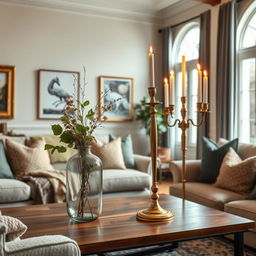 A beautifully styled living room featuring a focal point of a vintage demijohn glass vase and an elegant brass candle holder