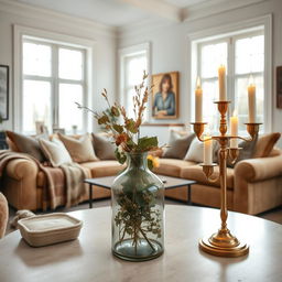 A beautifully styled living room featuring a focal point of a vintage demijohn glass vase and an elegant brass candle holder