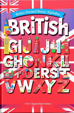 A stylish British-themed alphabet cover featuring beautifully designed letters A to Z, each letter adorned with iconic British symbols, such as Big Ben, Buckingham Palace, red telephone boxes, and the Union Jack