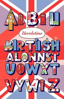 A stylish British-themed alphabet cover featuring beautifully designed letters A to Z, each letter adorned with iconic British symbols, such as Big Ben, Buckingham Palace, red telephone boxes, and the Union Jack