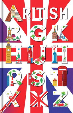 A stylish British-themed alphabet cover featuring beautifully designed letters A to Z, each letter adorned with iconic British symbols, such as Big Ben, Buckingham Palace, red telephone boxes, and the Union Jack