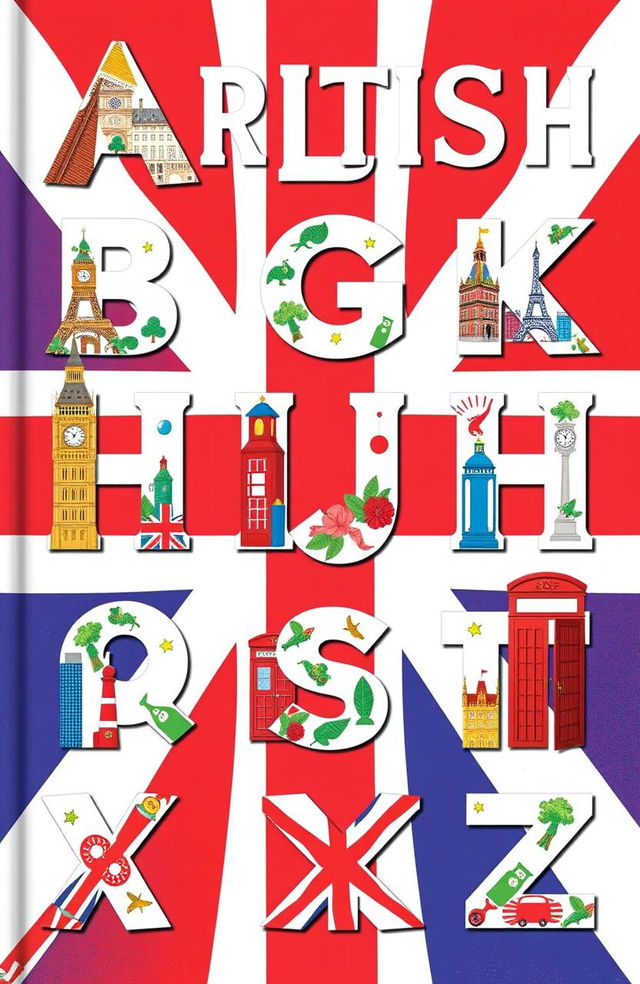 A stylish British-themed alphabet cover featuring beautifully designed letters A to Z, each letter adorned with iconic British symbols, such as Big Ben, Buckingham Palace, red telephone boxes, and the Union Jack