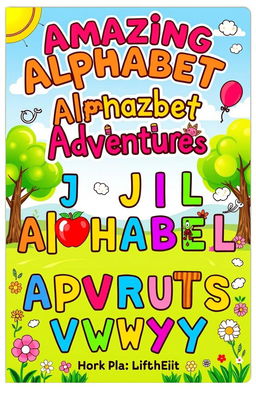 A vibrant and colorful book cover for an alphabet book, featuring each letter of the alphabet prominently displayed in a playful and creative manner