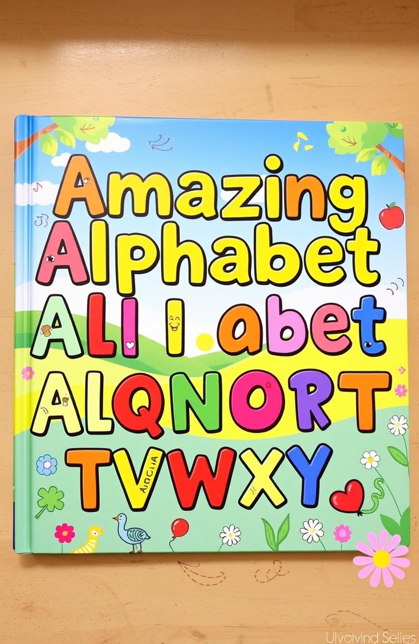 A vibrant and colorful book cover for an alphabet book, featuring each letter of the alphabet prominently displayed in a playful and creative manner