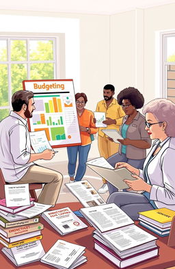 An engaging and visually appealing illustration representing financial literacy, featuring diverse adults engaged in various financial activities