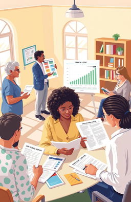 An engaging and visually appealing illustration representing financial literacy, featuring diverse adults engaged in various financial activities