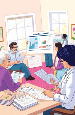 An engaging and visually appealing illustration representing financial literacy, featuring diverse adults engaged in various financial activities