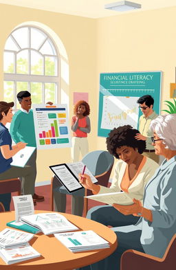 An engaging and visually appealing illustration representing financial literacy, featuring diverse adults engaged in various financial activities