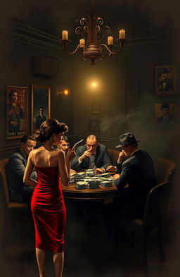 A tense and atmospheric scene set in a dimly lit speakeasy, featuring a group of elegantly dressed mobsters sitting around a table, counting stacks of money and exchanging glances