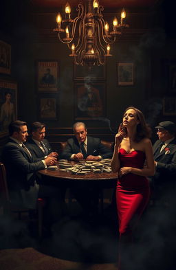 A tense and atmospheric scene set in a dimly lit speakeasy, featuring a group of elegantly dressed mobsters sitting around a table, counting stacks of money and exchanging glances