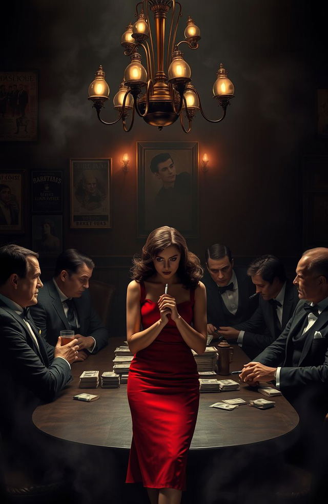 A tense and atmospheric scene set in a dimly lit speakeasy, featuring a group of elegantly dressed mobsters sitting around a table, counting stacks of money and exchanging glances